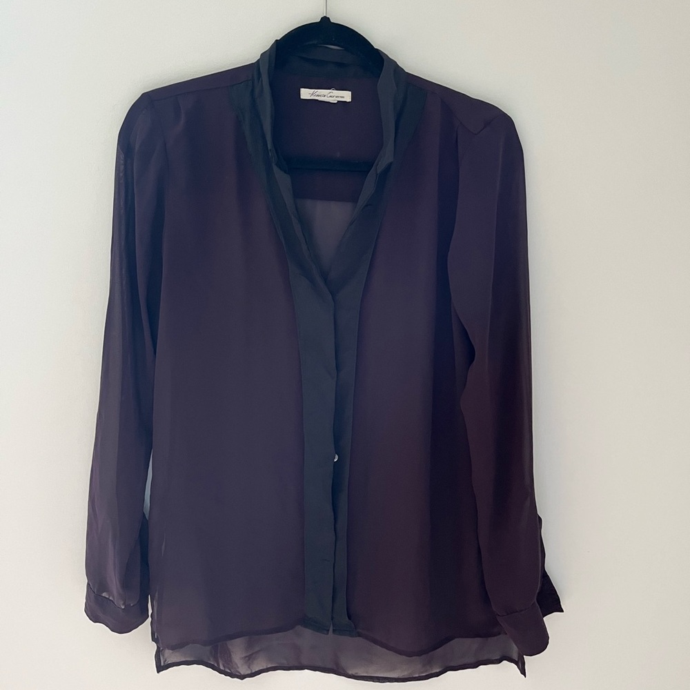Kenneth Cole Sheer Deep Plum Long Sleeve Blouse Black Collar